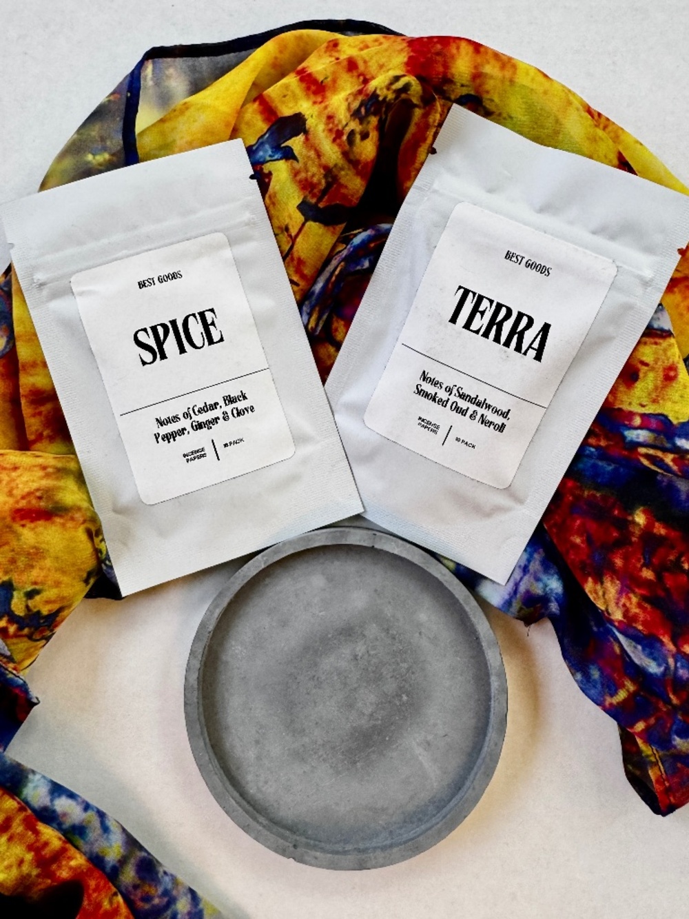 Incense Holder Cement Burning Tray and 2 Paper Packs Scents - Spice and Terra